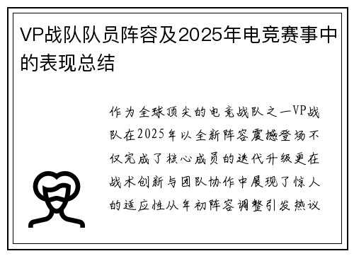 VP战队队员阵容及2025年电竞赛事中的表现总结